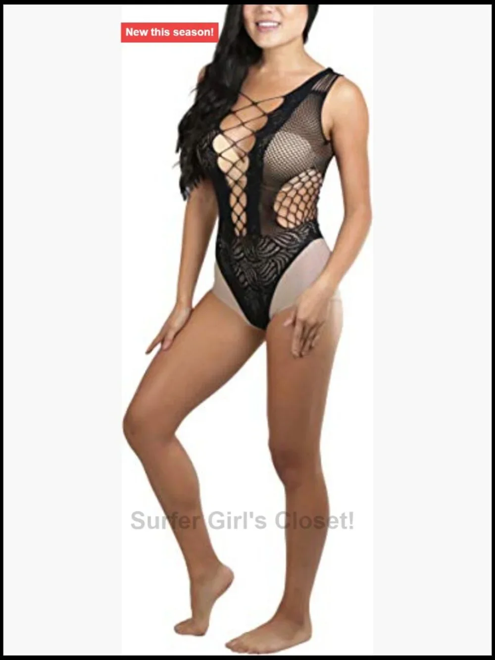 Fishnet Rhinestone Bodysuit Long Sleeve Thong Back One Size